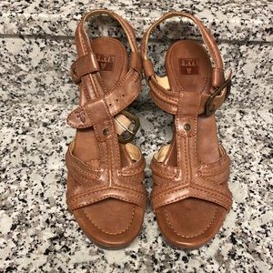 Frye Tan Leather Heels with Strappy Design